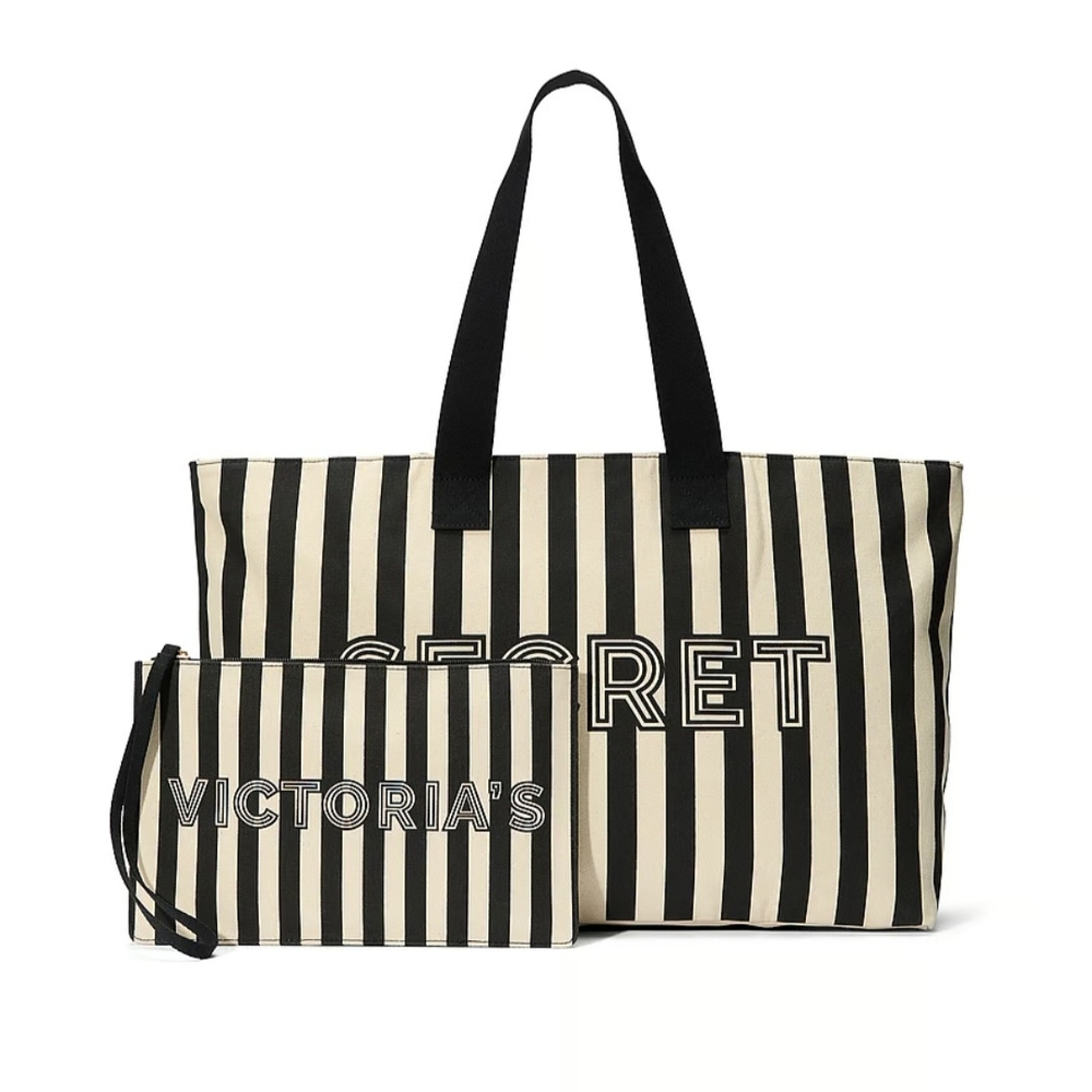 Victoria's Secret Black and White Striped Tote Bag Set